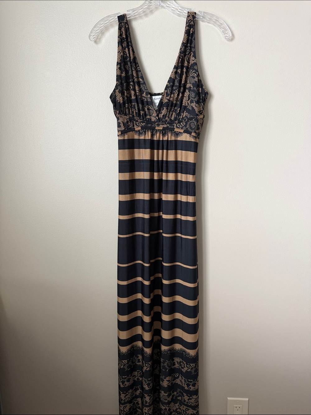 Papillon Blanc Black and Tan Striped V-Neck Maxi Dress with Border Print